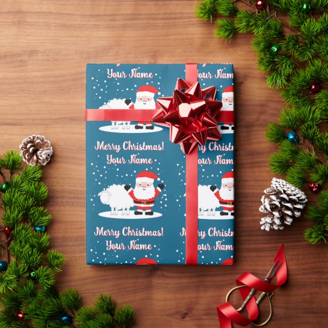 Happy Santa Claus cartoon with sheep Christmas Geschenkpapier (Feiertagsgeschenk)