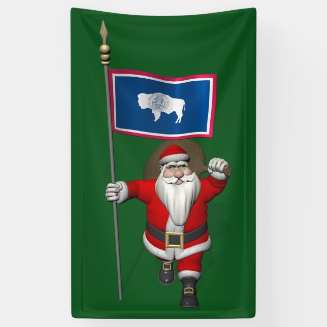 Happy Santa Claus mit der Fahne des Wyoming Banner (Vertikal)