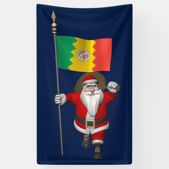 Happy Santa Claus mit der Fahne von Los Angeles Banner (Vertikal)