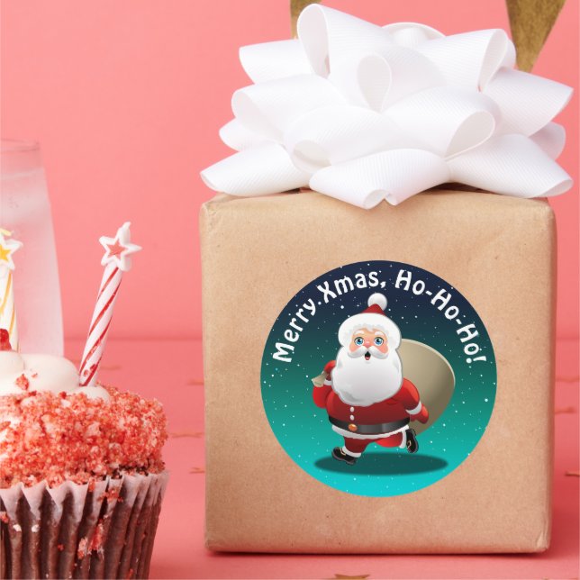 Happy Santa Claus mit einem Sack voller Geschenke Runder Aufkleber (Party)