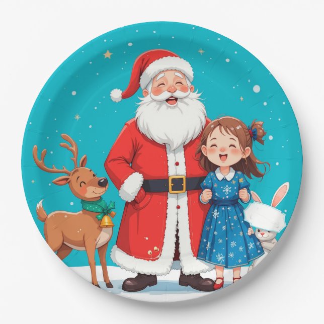 Happy Santa Claus mit Schneemann Pappteller (Vorderseite)