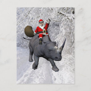 Happy Santa Claus On Rhino Rhinoceros Feiertagspostkarte