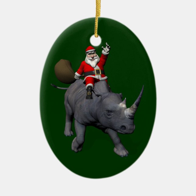 Happy Santa Claus On Rhino Rhinoceros Keramik Ornament (Vorne)