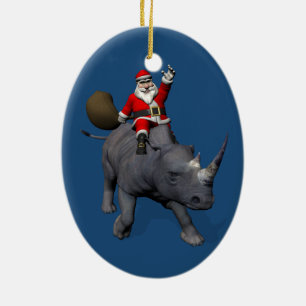 Happy Santa Claus On Rhino Rhinoceros Keramik Ornament
