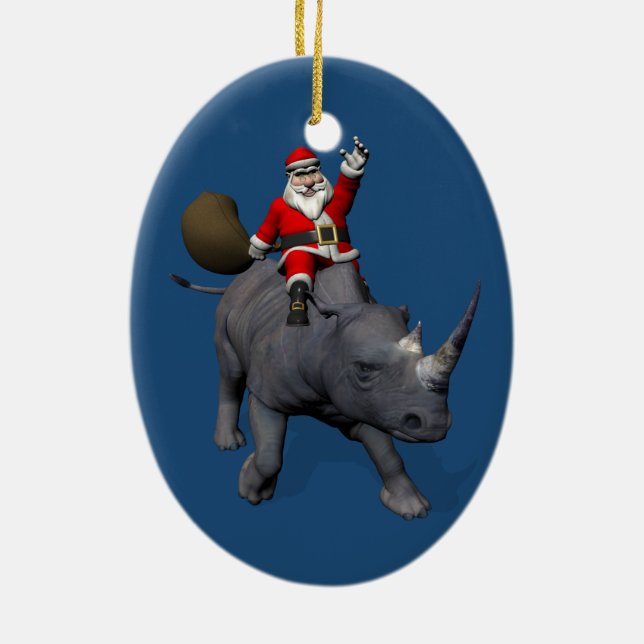 Happy Santa Claus On Rhino Rhinoceros Keramik Ornament (Hinten)