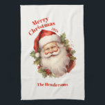 Happy Santa Vintage Christmas Geschirrtuch<br><div class="desc">Ein glücklicher Weihnachtsmann ist auf diesem schönen rot-weißen Küchentuch. Er hat eine geknitterte Kappe mit weitem, furiosen Trimm und einem langen, geschmeidigen Bart und Schnurrbart. Er ist derselbe, als du ihn gesehen hast, als du klein warst! Um ihn herum gibt es ein bisschen schöne grüne heilige und rote Beeren. Das...</div>