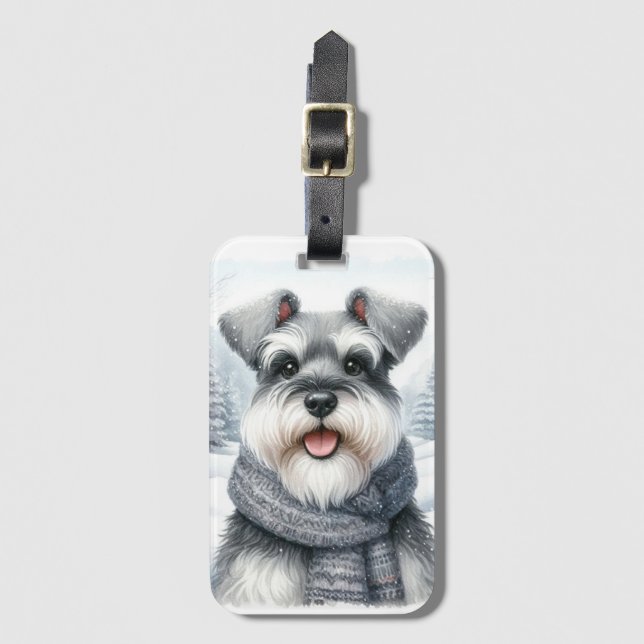 Happy Schnauzer in einem Scara Winter Art Gepäckanhänger (Vorderseite Vertikal)