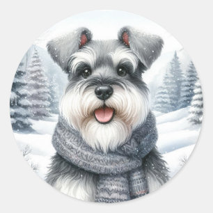 Happy Schnauzer in einem Scara Winter Art Runder Aufkleber