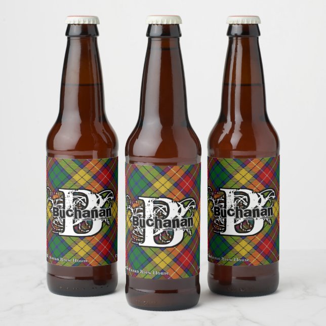 Happy Scotsman Clan Buchanan Tartan Monogram Bierflaschenetikett (Flaschen)