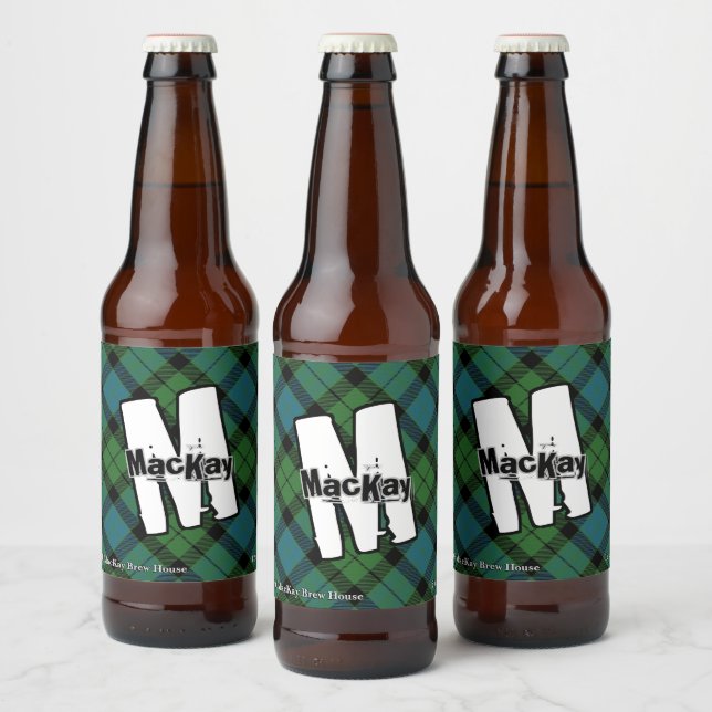 Happy Scotsman Clan MacKay Ancient Tartan Monogram Bierflaschenetikett (Flaschen)