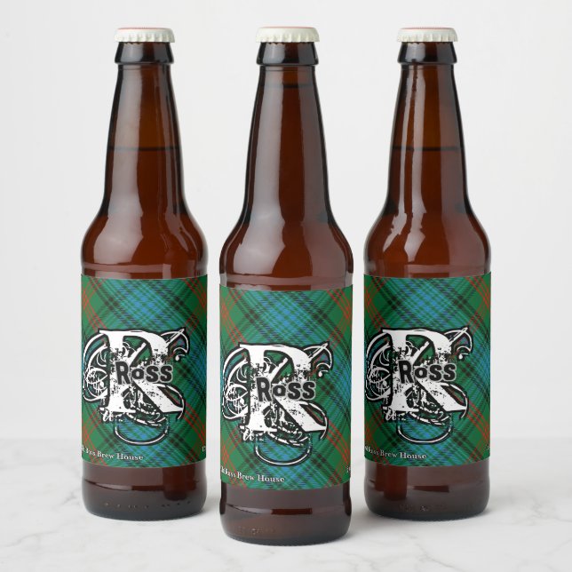 Happy Scotsman Clan Ross Tartan Monogram Bierflaschenetikett (Flaschen)