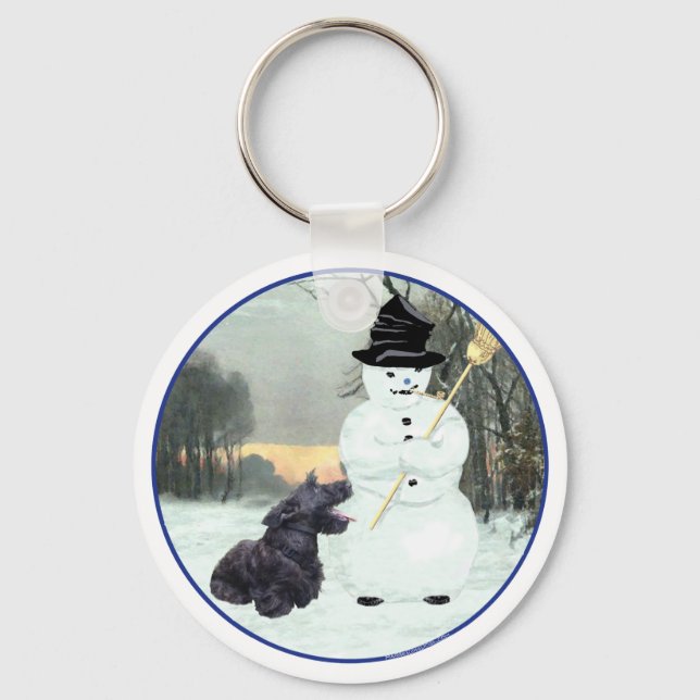Happy Scottish Terrier & Snowman Schlüsselanhänger (Vorderseite)