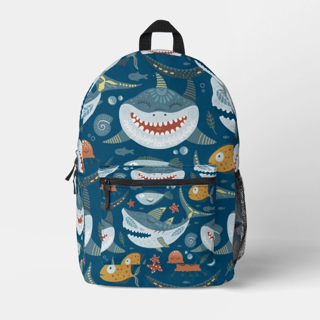 Happy Shark Blue Kids Bedruckter Rucksack (Vorderseite)