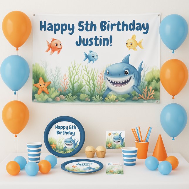 Happy Shark Under Sea Birthday Banner (Cute 5th birthday banner for a shark/under the sea themed birthday party)