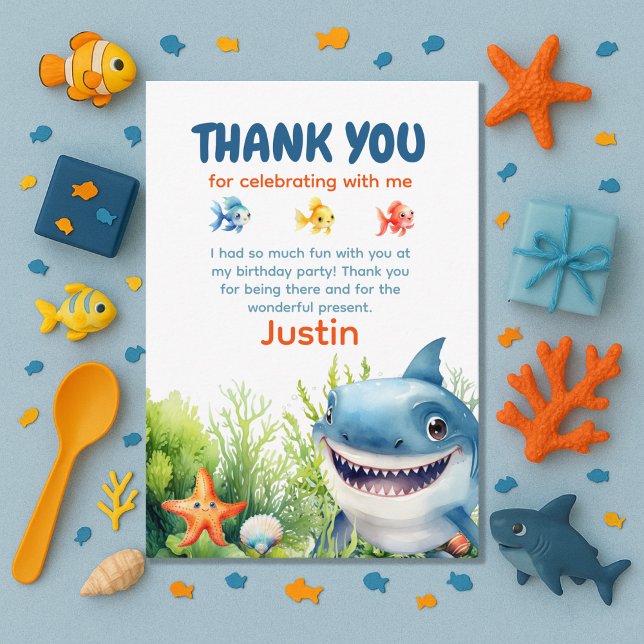 Happy Shark Under Sea Birthday Vielen Dank Dankeskarte (Happy Shark Under the Sea birthday party thank you card)