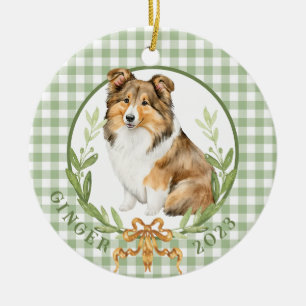 Happy Sheltie in Laurel Wreath Keramik Ornament
