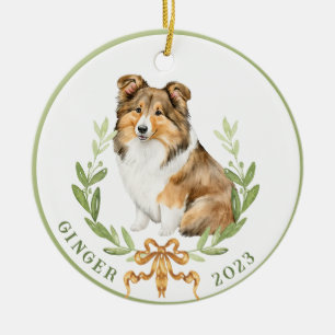 Happy Sheltie in Laurel Wreath Keramik Ornament