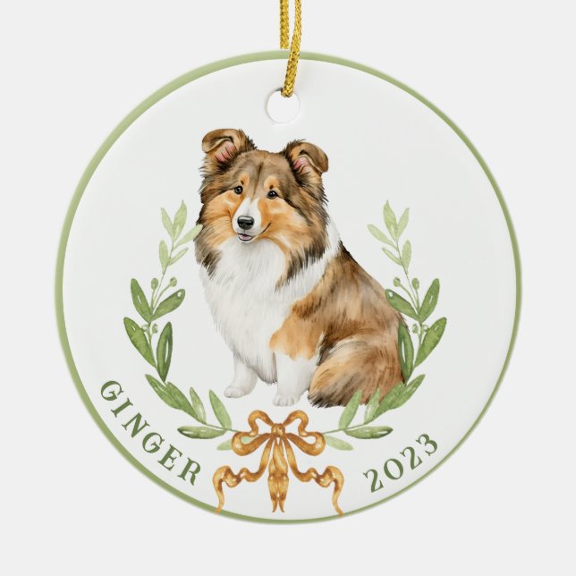 Happy Sheltie in Laurel Wreath Keramik Ornament (Vorne)