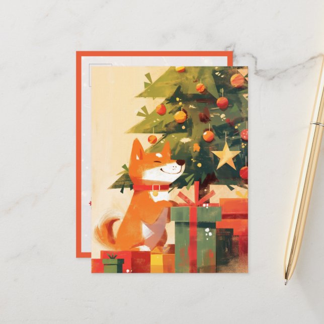 Happy Shiba Inu beside Christmas Tree and Gifts Postkarte (Vorderseite/Rückseite Beispiel)