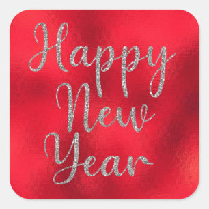 Happy Silver Silver Glitzer auf Red Metallic Quadratischer Aufkleber