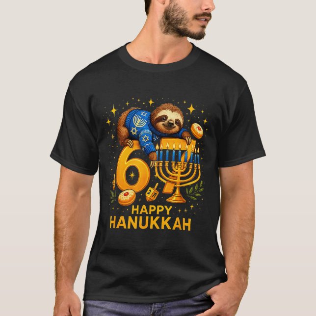 Happy Six Seven Hanukkah Funny Meme Menorah Sloth  T-Shirt (Vorderseite)
