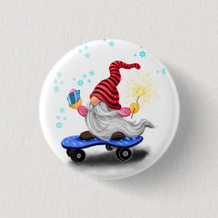 Happy Skater Gnome mit Geschenken und Sparkler But Button