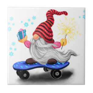 Happy Skater Gnome mit Geschenken und Sparkler - F Fliese