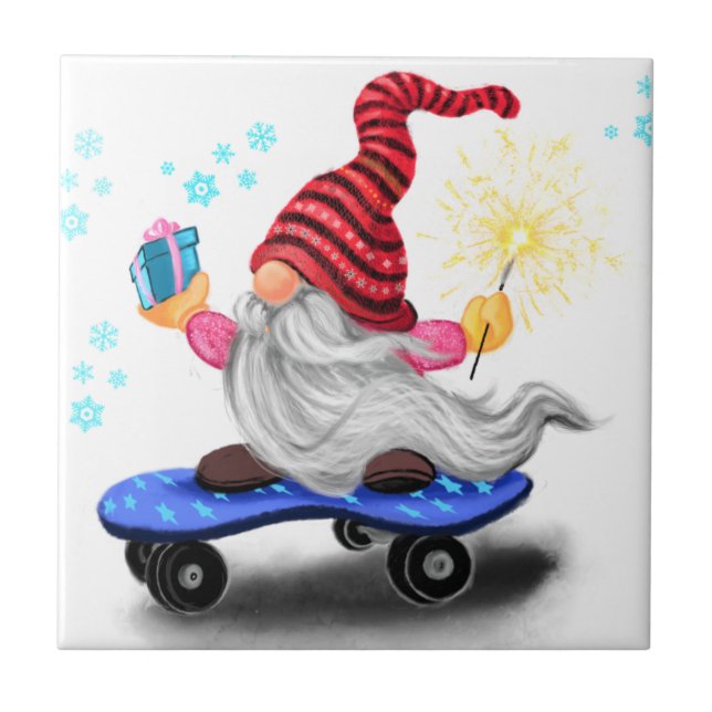 Happy Skater Gnome mit Geschenken und Sparkler - F Fliese (Vorderseite)