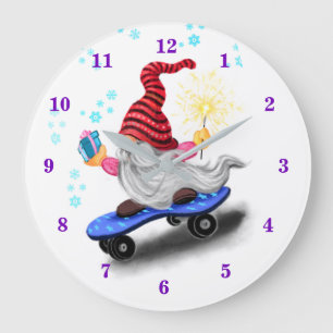 Happy Skater Gnome mit Geschenken und Sparkler - F Große Wanduhr