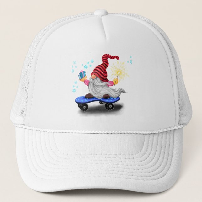 Happy Skater Gnome mit Geschenken und Sparkler - F Truckerkappe (Vorderseite)