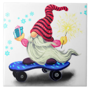 Happy Skater Gnome mit Geschenken und Sparkler - S Fliese