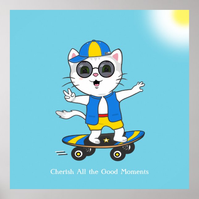 Happy Skater Katze in blau und gelb gekleidet. Poster (Vorne)