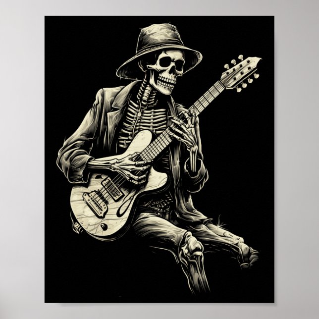 Happy Skeleton Gitarre Typ Spooky Halloween Rock B Poster (Vorne)