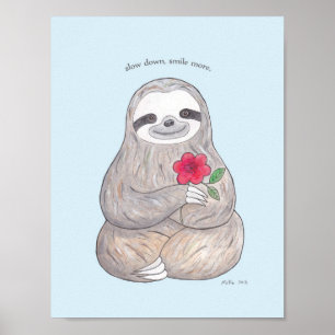 Happy Sloth Poster Niedlich Sloth mit Blume Print