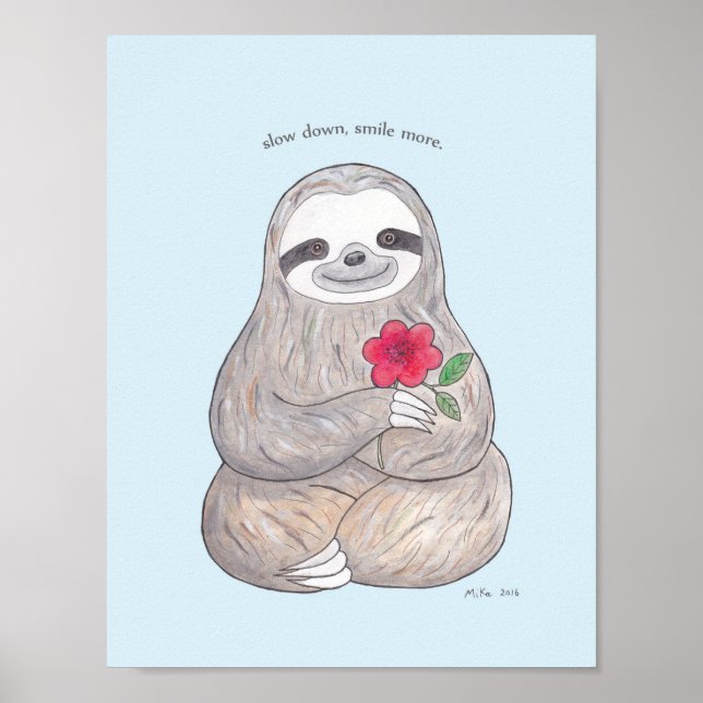 Happy Sloth Poster Niedlich Sloth mit Blume Print (Vorne)