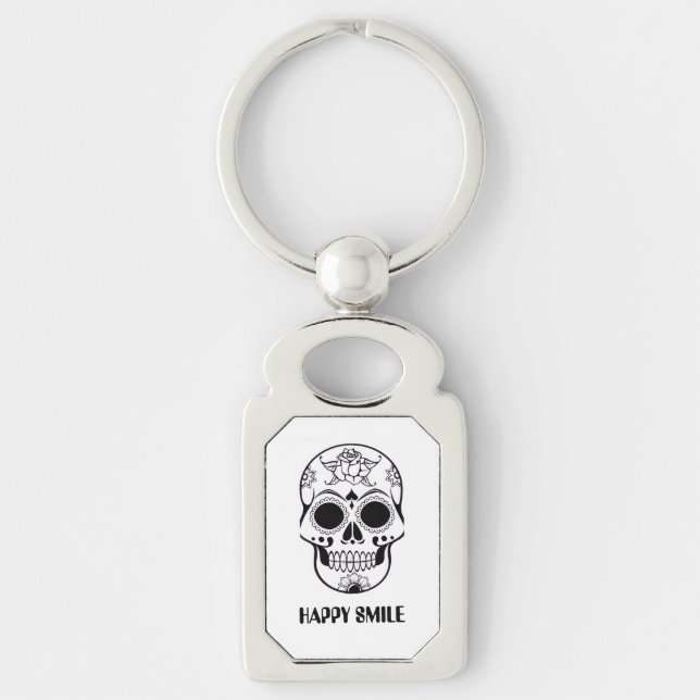 Happy Smile Skull – Floral Skull Art Keychain Schlüsselanhänger (Vorderseite)