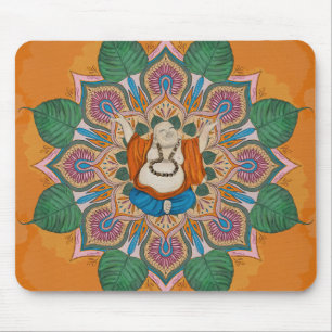 Happy Smiling Buddha Bodhi Leaf Mandala Mousepad