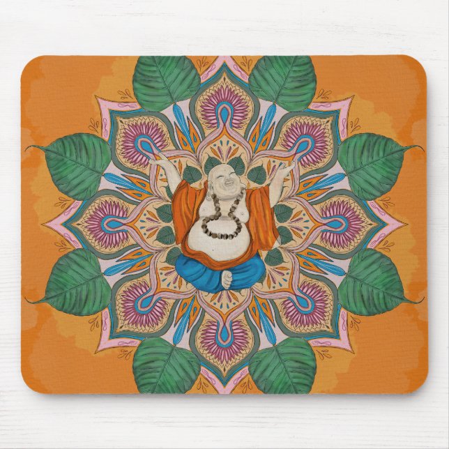 Happy Smiling Buddha Bodhi Leaf Mandala Mousepad (Vorne)