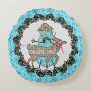 Happy Snow Day Round Snowman Pillow Rundes Kissen