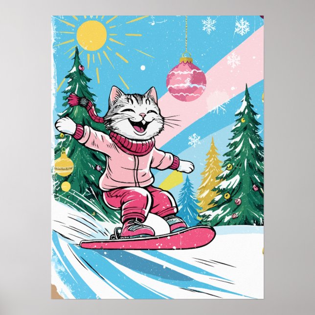 Happy Snowboarding Cat Poster (Vorne)