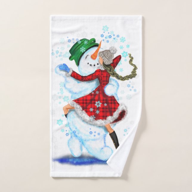 Happy Snowman and Girl Dance Tango Weihnachts-Part Badhandtuch Set (Handtuch)
