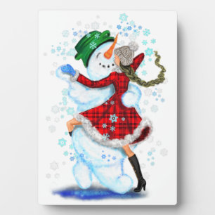 Happy Snowman and Girl Dance Tango Weihnachts-Part Fotoplatte