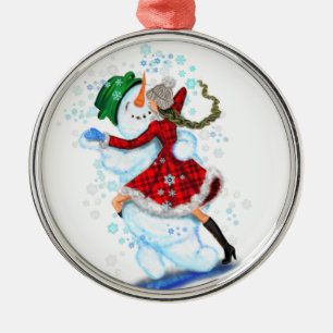 Happy Snowman and Girl Dance Tango Weihnachts-Part Ornament Aus Metall