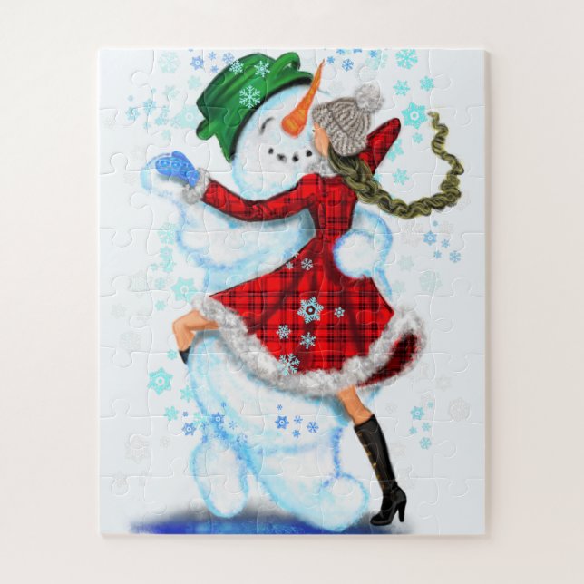 Happy Snowman and Girl Dance Tango Weihnachts-Part Puzzle (Vertikal)