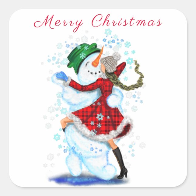 Happy Snowman and Girl Dance Tango Weihnachts-Part Quadratischer Aufkleber (Vorderseite)