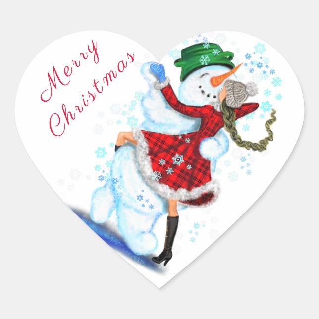 Happy Snowman and Girl Dancers Weihnachtssticker Herz-Aufkleber (Vorderseite)