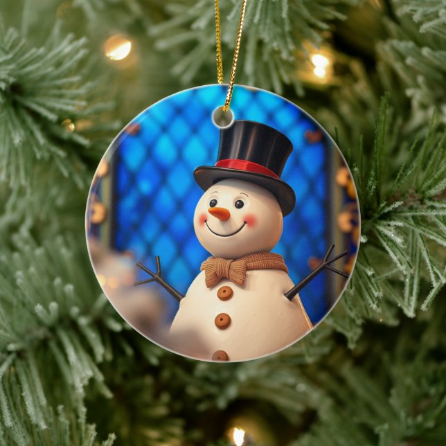 Happy Snowman Christmas Ornament Blue Faux Stained (Baum)