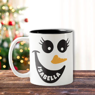 Happy Snowman Face Personalisiert Name Holiday Ges Zweifarbige Tasse