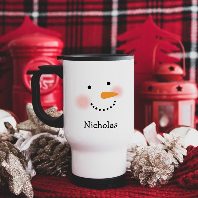 Happy Snowman Face Personalisiert Name Holiday Reisebecher (Von Creator hochgeladen)