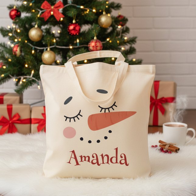 Happy Snowman Face Personalisiert Name Holiday Tragetasche (Happy Snowman Face Personalized Name Holiday Tote Bag - Just Add Your Name!)